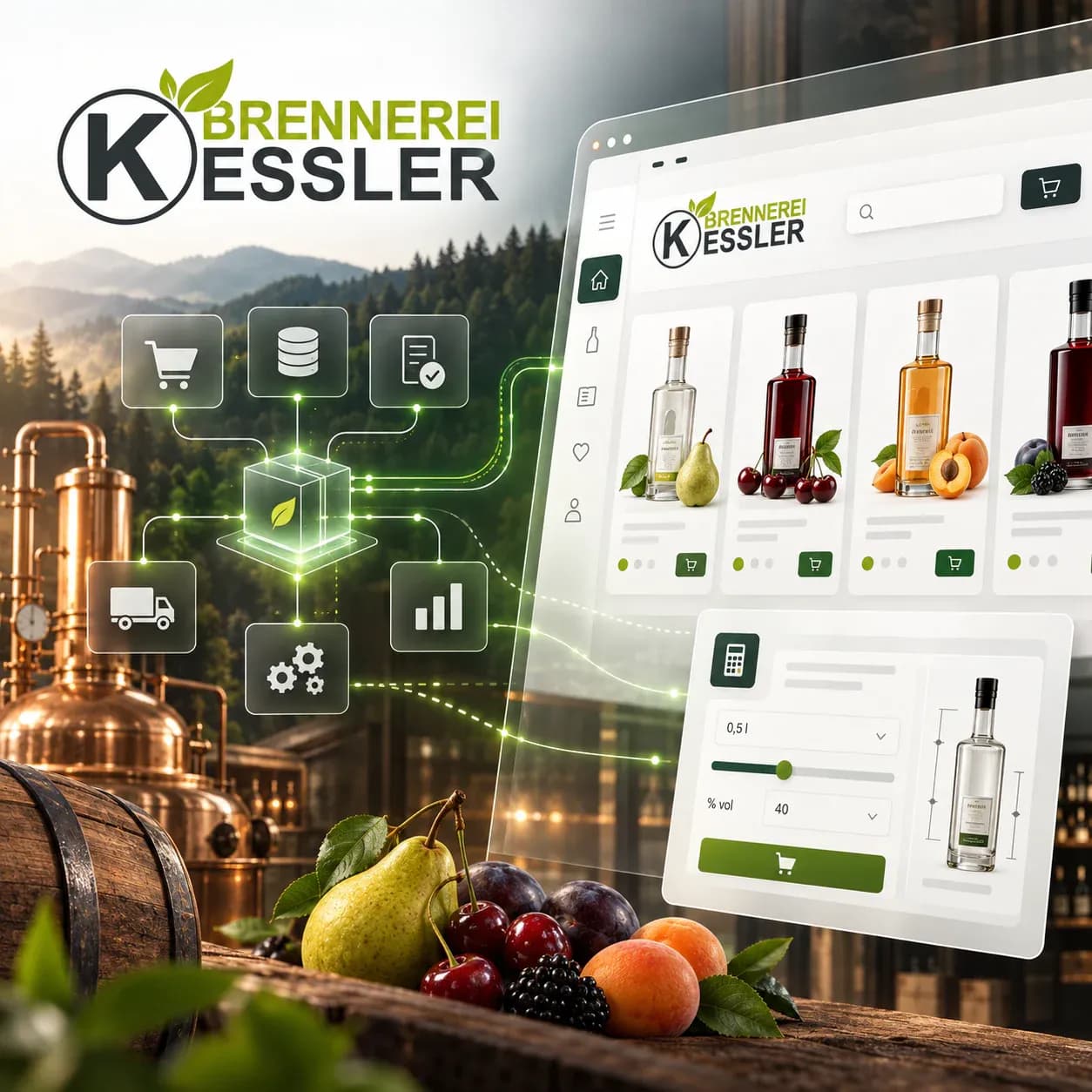 Digitale Commerce- und Prozesslandschaft der Brennerei Kessler mit Shop, Logistik und Analyse