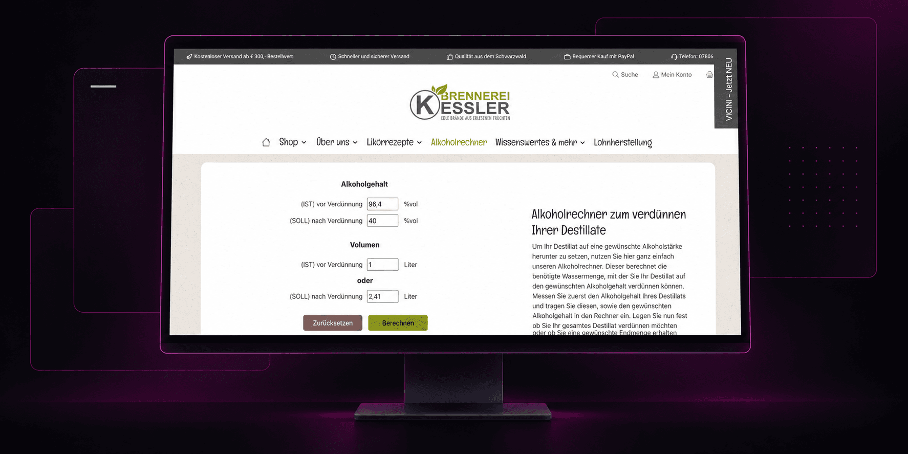 Alkoholrechner des Brennerei-Kessler-Shops auf einem Monitor im Netkitchen-Design
