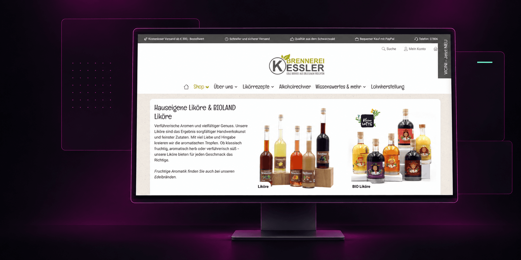 Likör-Kategorie des Brennerei-Kessler-Shops auf einem Monitor im Netkitchen-Design